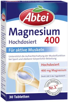 Abtei Magnesium 400 - Magnesiumtabletten hochdosiert - Tabletten zur Aktivierung und Aufrechterhaltung der Muskelfunktionen, vegan - 30 Tabletten