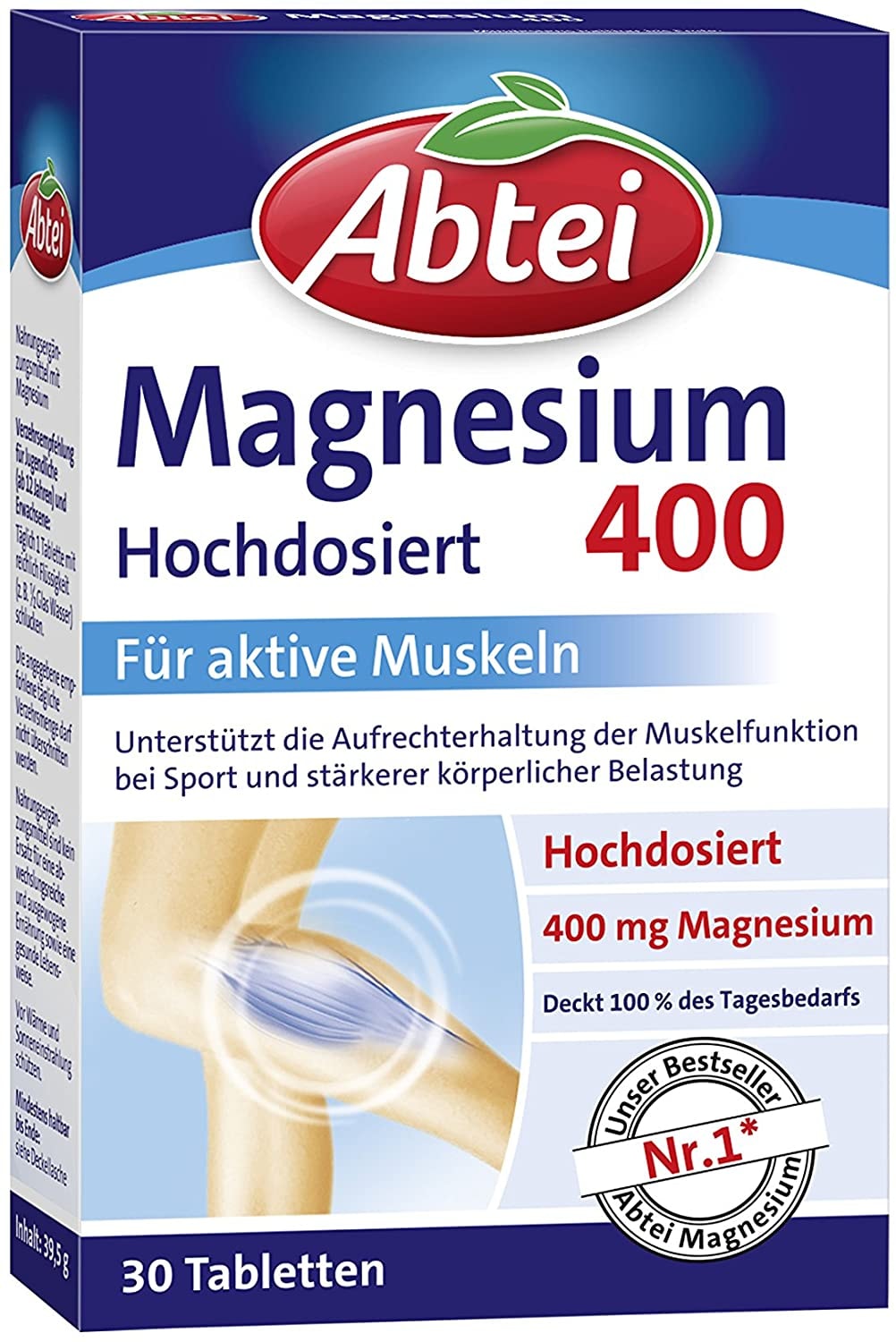 Produktbild von Abtei Magnesium 400 - Magnesiumtabletten hochdosiert - Tabletten zur Aktivierung und Aufrechterhaltung der Muskelfunktionen, vegan - 30 Tabletten