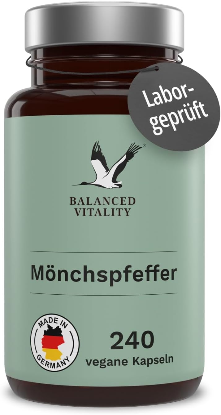 Produktbild von Bewertung BALANCED VITALITY Mönchspfeffer 10mg Kapseln vegan bei PMS Menstruationsbeschwerden 240 Mönchspfeffer für 8 Monate 4:1 Extrakt aus Original Vitex Agnus Castus laborgeprüft Made in Germany