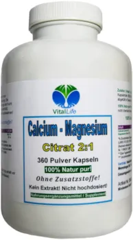 VitalLife - Calcium (Kalzium) + Magnesium - Citrat 2:1 (360 Pulver Kapseln). Muskeln - Knochen - Gelenke - Zähne - Nägel - Blutdruck. OHNE Zusatzstoffe. OHNE Füllstoffe. Aus Deutschland. 26326