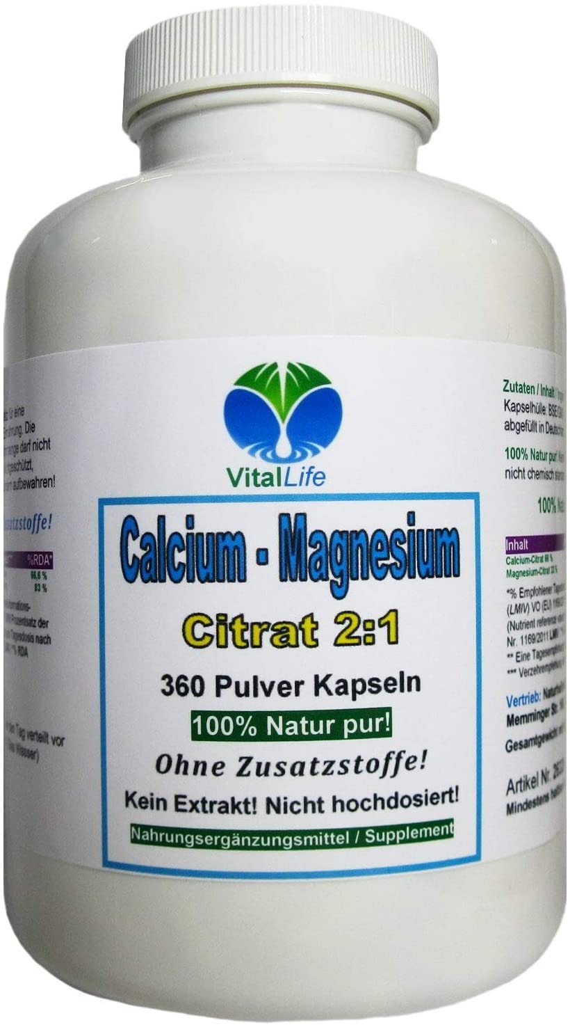 Produktbild von VitalLife - Calcium (Kalzium) + Magnesium - Citrat 2:1 (360 Pulver Kapseln). Muskeln - Knochen - Gelenke - Zähne - Nägel - Blutdruck. OHNE Zusatzstoffe. OHNE Füllstoffe. Aus Deutschland. 26326