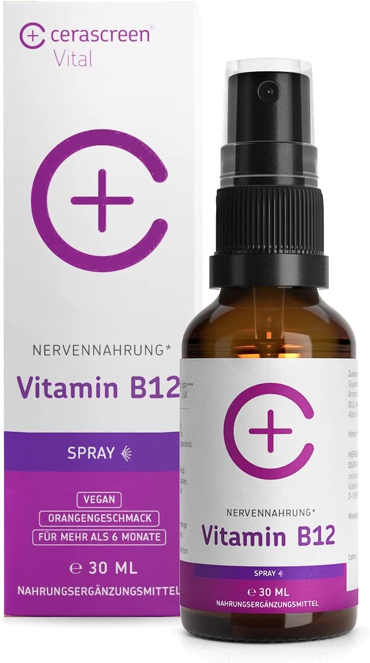 Produktbild von Bewertung cerascreen Vital Vitamin B12 Spray 30ml Cyanocobalamin Orange Hochdosiert Vegan Natürlicher Vitamin-Komplex für die Nerven Gegen Müdigkeit und Erschöpfung In Deutschland hergestellt