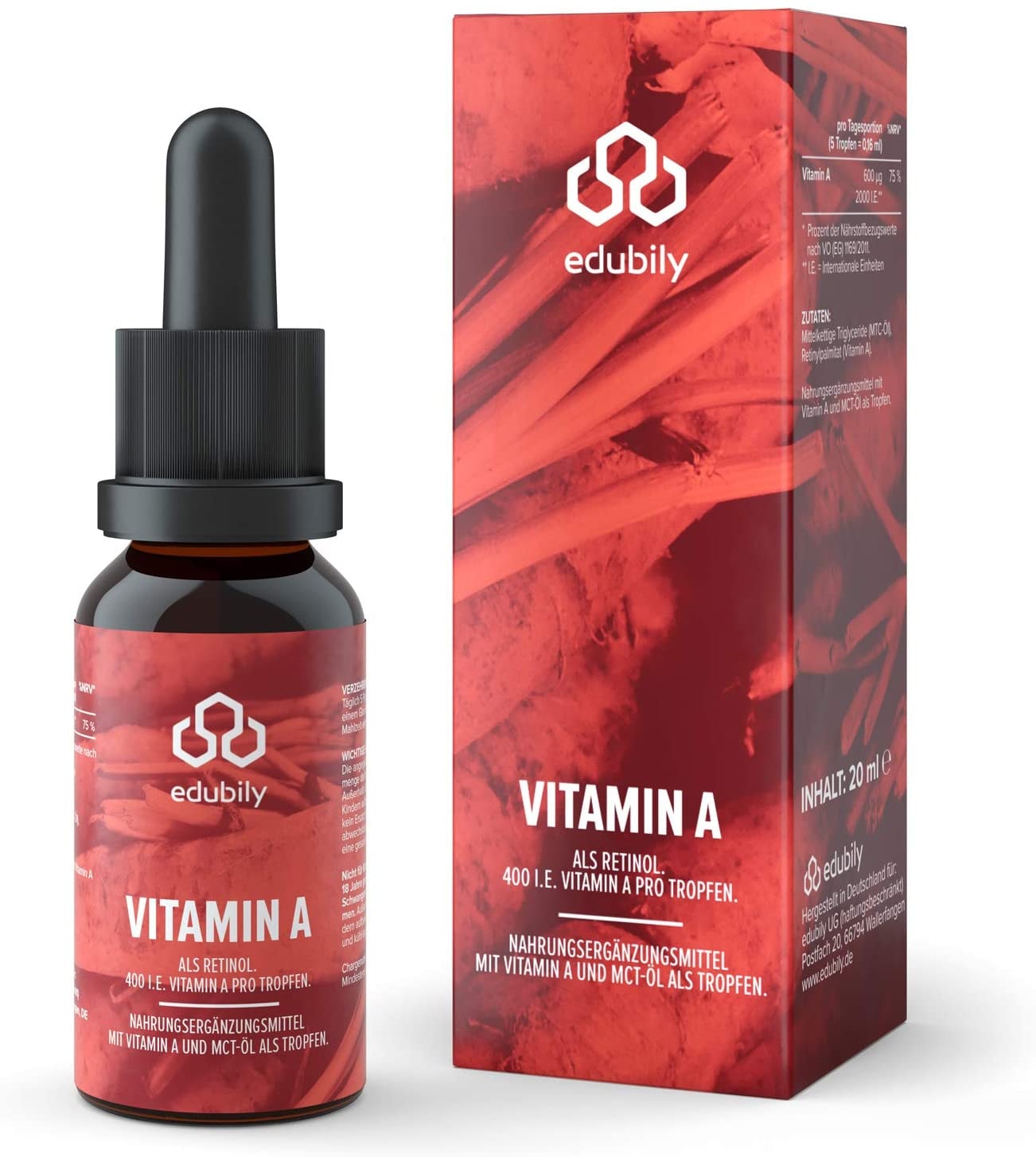 Produktbild von Bewertung edubily nutrition Vitamin A Tropfen Als Retinol Öl 400 I.E. Retinylpalmitat Pro Tropfen 2000 I.E. Pro Tag in MCT-Öl aus Kokosnuss