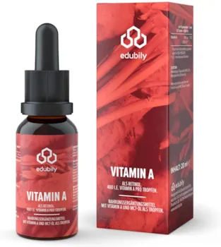 Produktbild von Bewertung edubily nutrition Vitamin A Tropfen Als Retinol Öl 400 I.E. Retinylpalmitat Pro Tropfen 2000 I.E. Pro Tag in MCT-Öl aus Kokosnuss