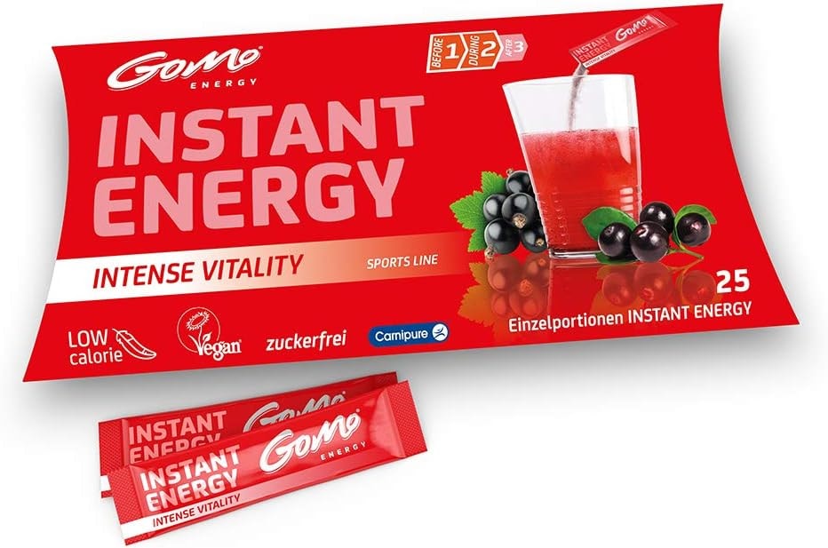 Produktbild von Bewertung GoMo ENERGY Instant Energy Getränkepulver mit Vitamin B Vitamin C L-Carnitin Taurin Koffein Guarana Holunder zuckerfreier Instant Energy Drink Intense Vitality 25 x 5,3g