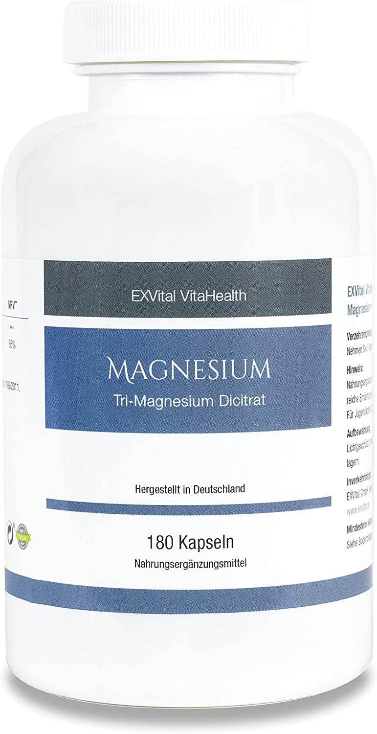 Produktbild von Bewertung EXVital VitaHealth Tri-Magnesium Dicitrat- 2010mg Magnesiumcitrat, 322mg elementares Magnesium pro Tagesdosis von EXVital. Hoch konzentriert, 180 Kapseln, Premiumqualität, kein Magnesiumstearat, vegan, 1er Pack (156g)