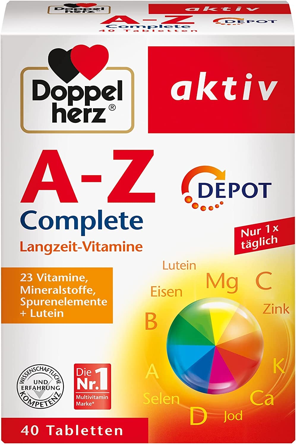Produktbild von Doppelherz A-Z Complete DEPOT Langzeit-Vitamine – 23 Vitamine, Mineralstoffe & Spurenelementen plus Lutein – 40 Retard-Tabletten