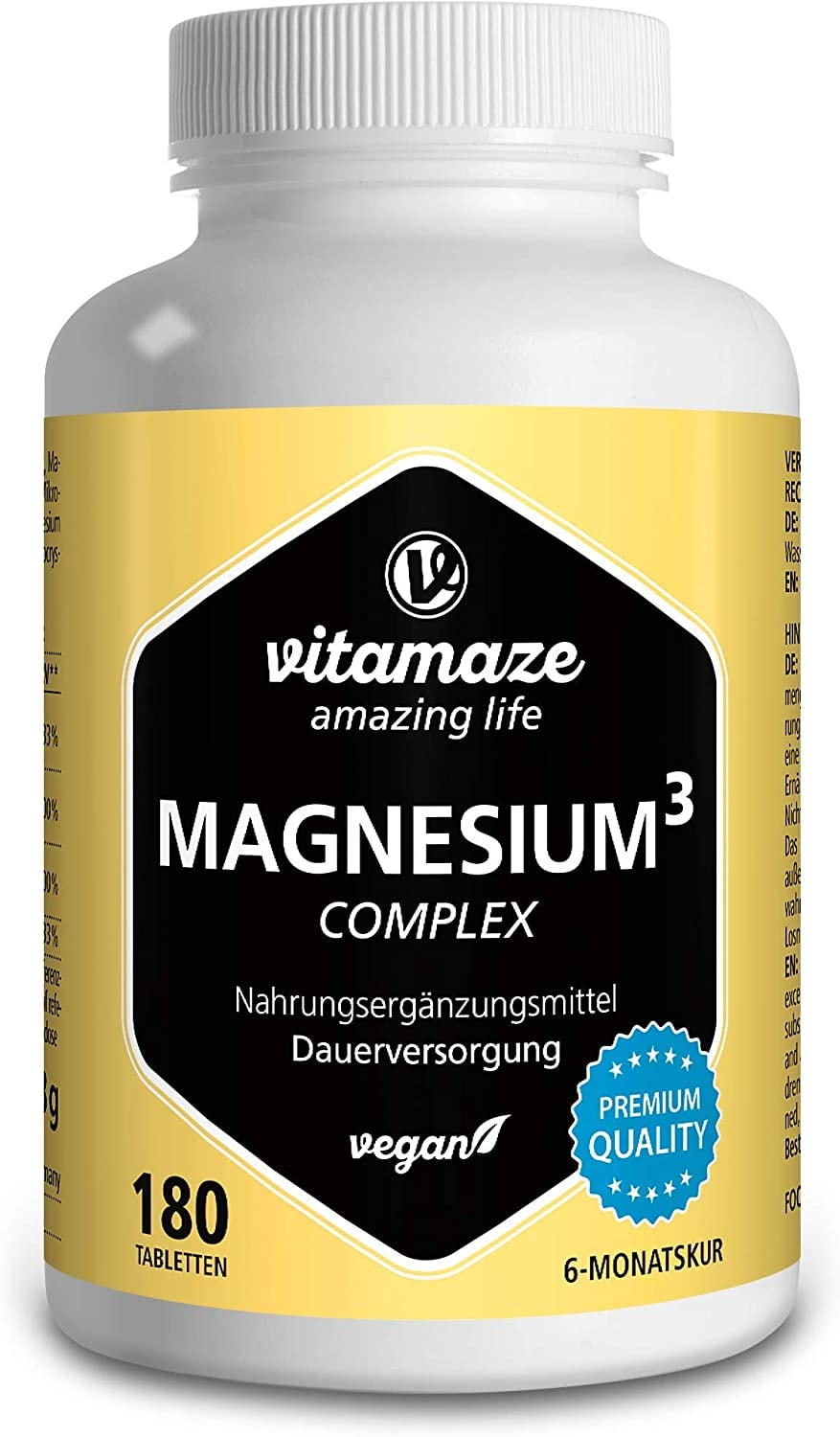 Vitamaze - amazing life - Magnesium Komplex hochdosiert, 350 mg elementares Magnesium mit 24h Depot-Effekt, 180 Tabletten vegan, Magnesium-Citrat-Carbonat-Oxid ohne Zusatzstoffe, Made in Germany