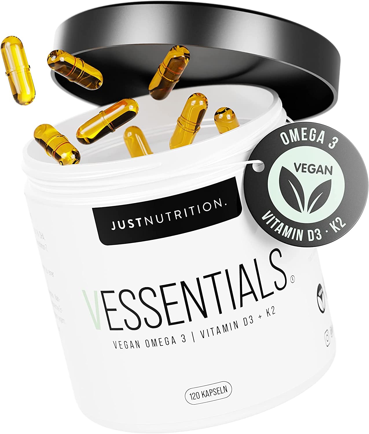 Produktbild von JUST NUTRITION Omega 3 vegan mit Vitamin D3 & K2 - 120 Kapseln hochdosiert mit 1400mg Algenöl pro Tagesdosis - 630mg EPA & DHA - 100% pflanzlich