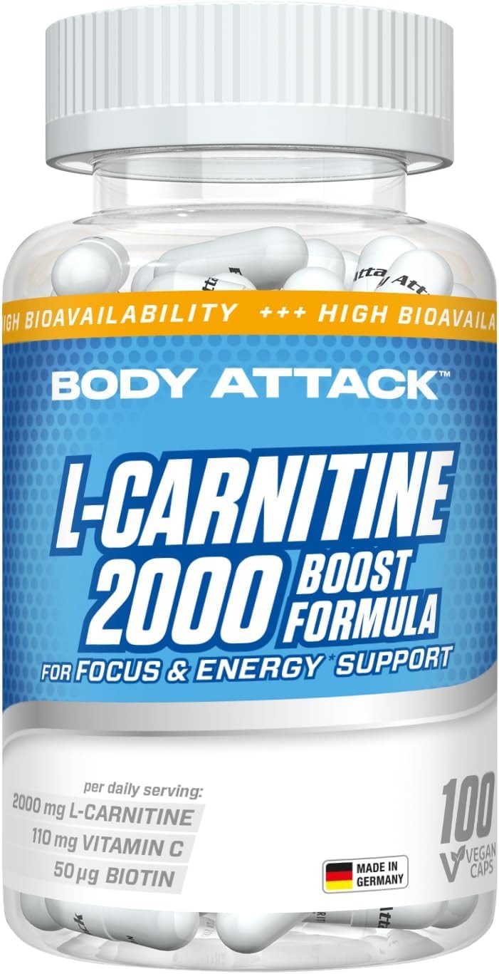 Produktbild von Bewertung Body Attack L-Carnitine 2000 100 Caps hochdosierte Kapseln 2000 mg L-Carnitin/Portion 110 mg Vitamin C und Biotin perfekt für deine Figur-Ziele vegan während Diät- und unterkalorischen Phasen