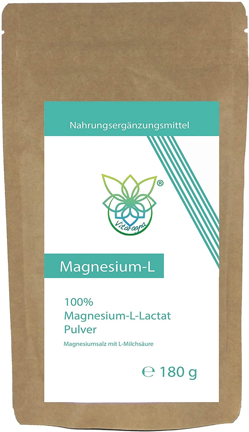Produktbild von VITARAGNA Magnesium L-Lactat Pulver, Magnesiumsalz mit L-Milchsäure, 180 g vollständig umgesetztes Magnesium als leicht lösliches Magnesiumlactat