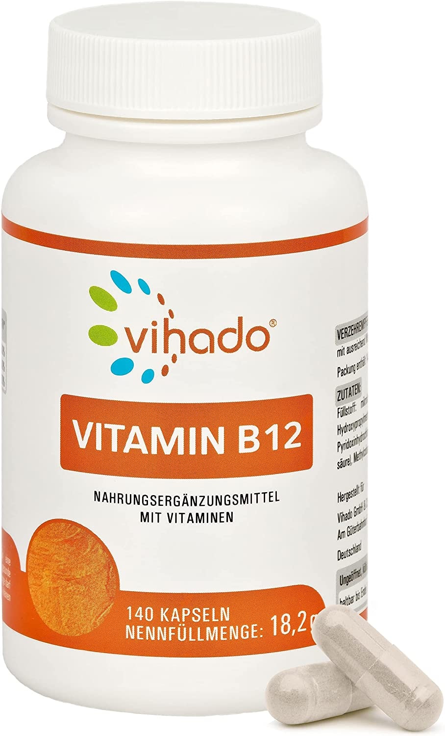 Produktbild von Vihado - B12 Methylcobalamin – hochdosiertes Vitamin B12 mit bester Bioverfügbarkeit – veganer Vitamin B Komplex mit Folsäure und Vitamin B6 zur Nahrungsergänzung – 140 Kapseln