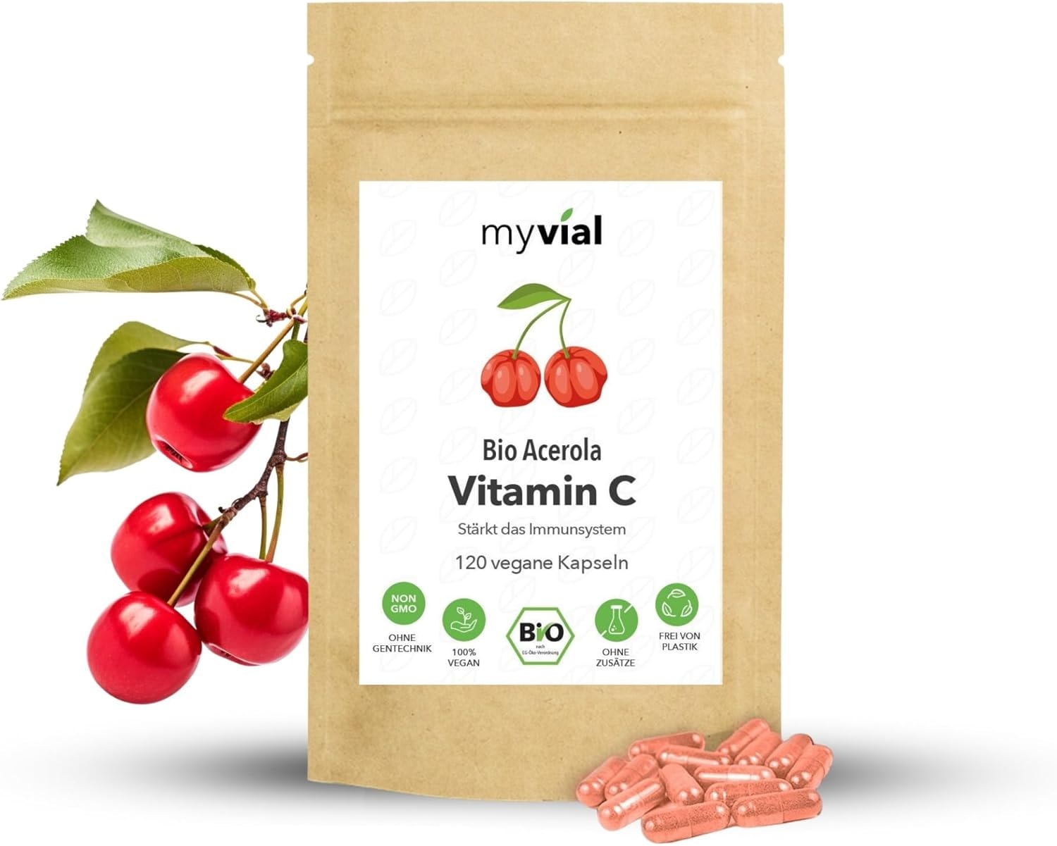 Produktbild von Bewertung myvial Bio Vitamin C Kapseln hochdosiert aus Acerola 120 Stück vegan ohne Zusätze plastikfrei verpackt - 60 Tage Vorrat natürliches Vitamin C aus Acerola für Immunsystem & Abwehrkräfte