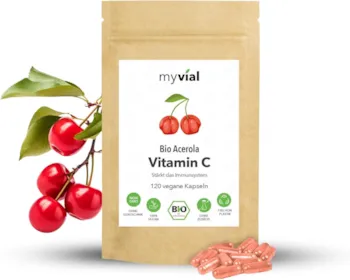 Produktbild von Bewertung myvial Bio Vitamin C Kapseln hochdosiert aus Acerola 120 Stück vegan ohne Zusätze plastikfrei verpackt - 60 Tage Vorrat natürliches Vitamin C aus Acerola für Immunsystem & Abwehrkräfte