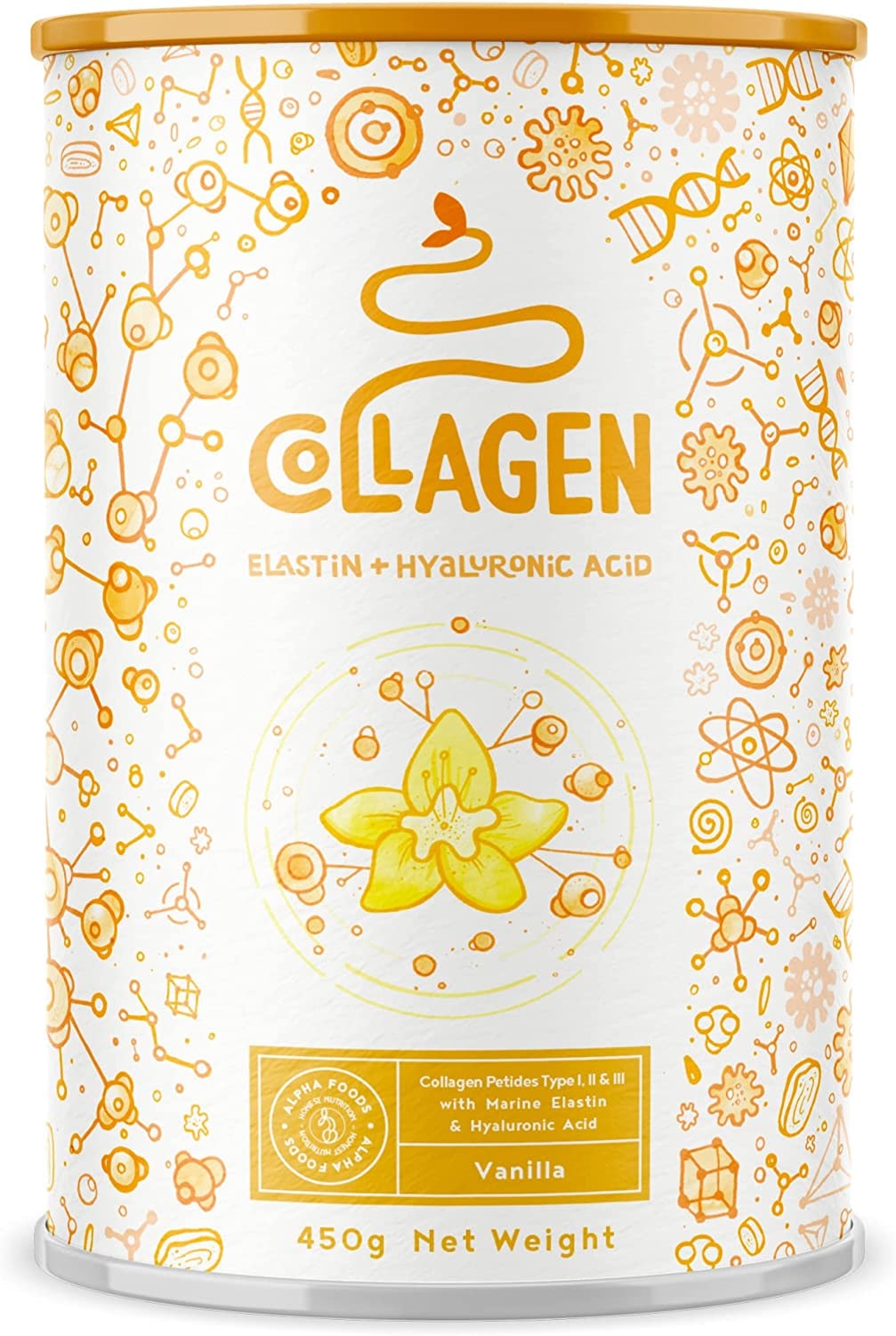 Produktbild von Bewertung Alpha Foods Collagen Pulver mit Marine Elastin und Hyaluronsäure Kollagen Hydrolysat Peptide Type I, II und III - Vanille - 450 Gramm Collagen