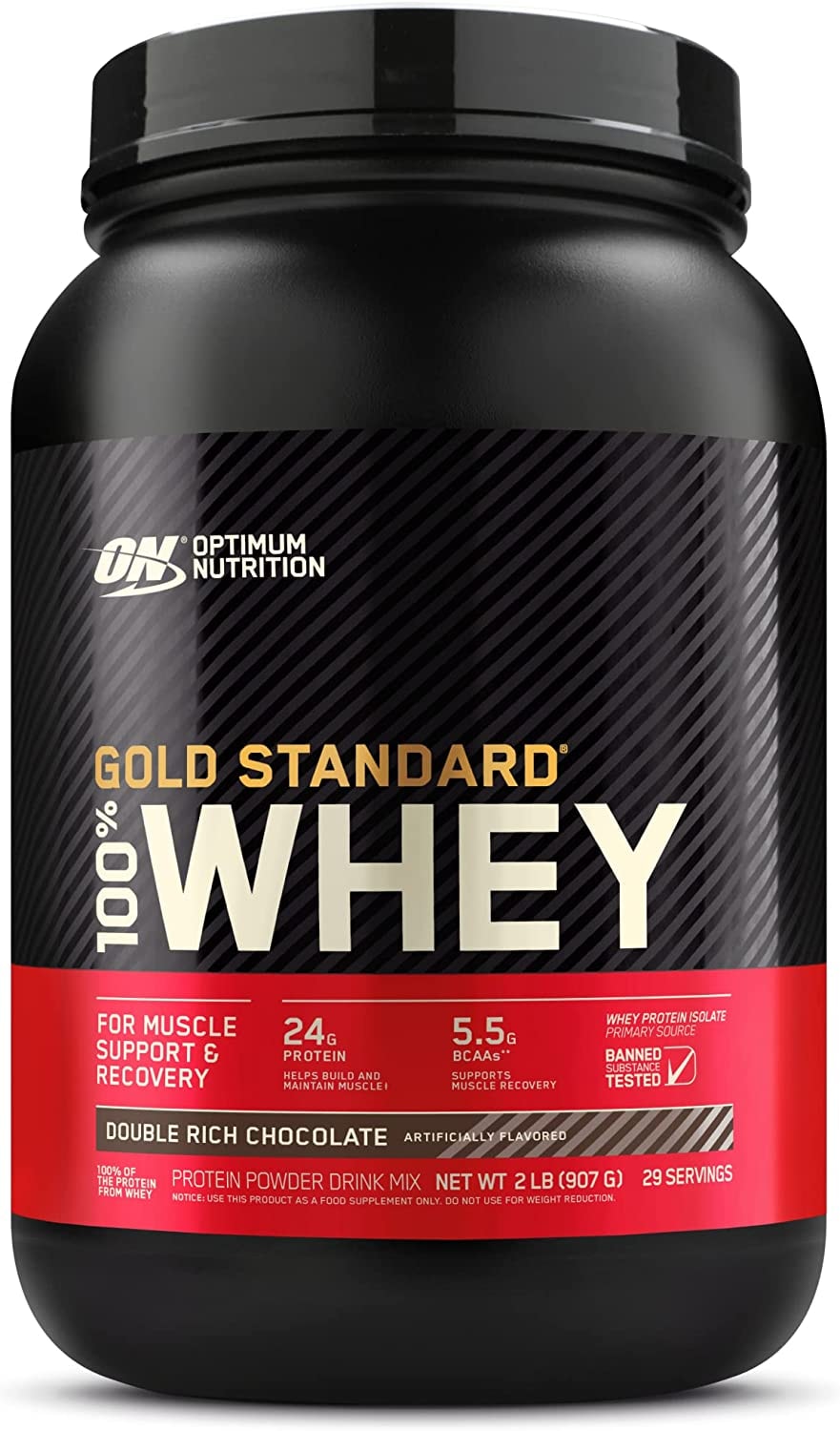 Produktbild von Optimum Nutrition Gold Standard Whey Protein 100% Molkenproteinpulver für Muskelaufbau und Muskelregeneration mit natürlich vorkommendem Glutamin und BCAA-Aminosäuren, Double Rich Chocolate, 29 Portionen, 899 g