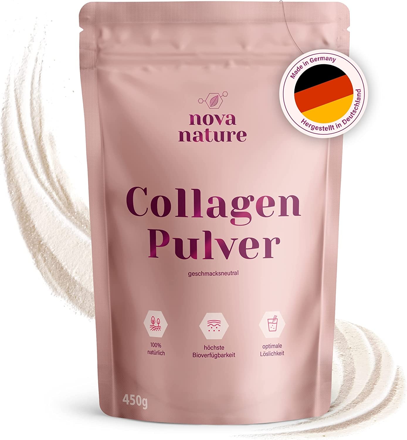 Produktbild von Bewertung novanature® Premium KOLLAGEN Pulver Hochverfügbares Collagen Hydrolysat Peptide Typ 1, 2 und 3 - Hochrein, geschmacksneutral, hypoallergen, Weidehaltung - Sehr gute Löslichkeit