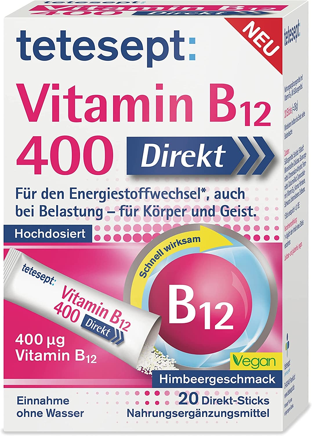 Produktbild von tetesept - Vitamin B12 400 Direkt – Nahrungsergänzungsmittel für den Energiestoffwechsel*, auch bei Belastung – Vitamin B12 Pulver hochdosiert zur Einnahme ohne Wasser – 1 x 20 Direkt-Sticks