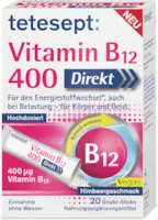Produktbild von tetesept - Vitamin B12 400 Direkt – Nahrungsergänzungsmittel für den Energiestoffwechsel*, auch bei Belastung – Vitamin B12 Pulver hochdosiert zur Einnahme ohne Wasser – 1 x 20 Direkt-Sticks