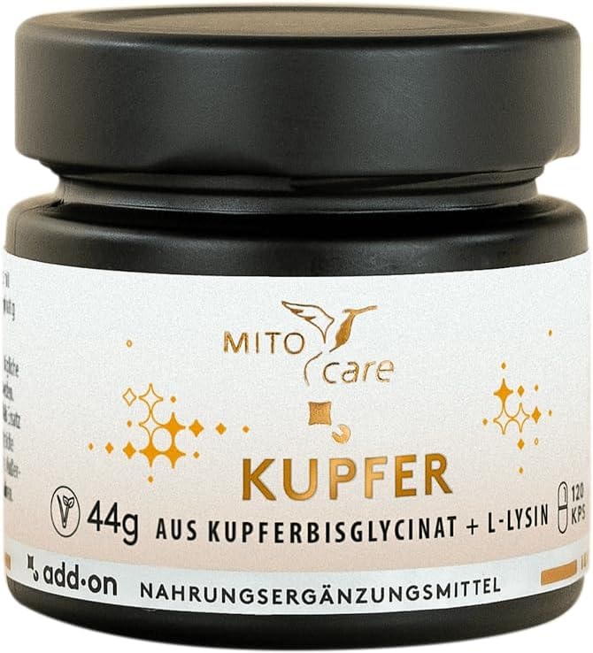 Produktbild von Bewertung MITOcare Kupfer Kapseln Kupferbisglycinat Lysin L-Lysinhydrochlorid Chelat Bindegewebe Immunsystem Energiestoffwechsel Haut Haare Art.-Nr. 1005007