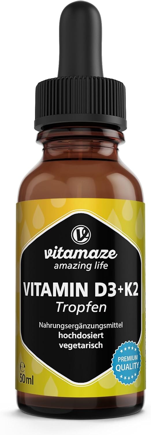 Produktbild von Bewertung Vitamaze amazing life Vitamin D3 K2 Tropfen hochdosiert 50ml 1000 IE Vitamin D3 K2 flüssig, mehr als 99,7% All-Trans K2 MK-7 laborgeprüft und ohne unnötige Zusatzstoffe Made in Germany