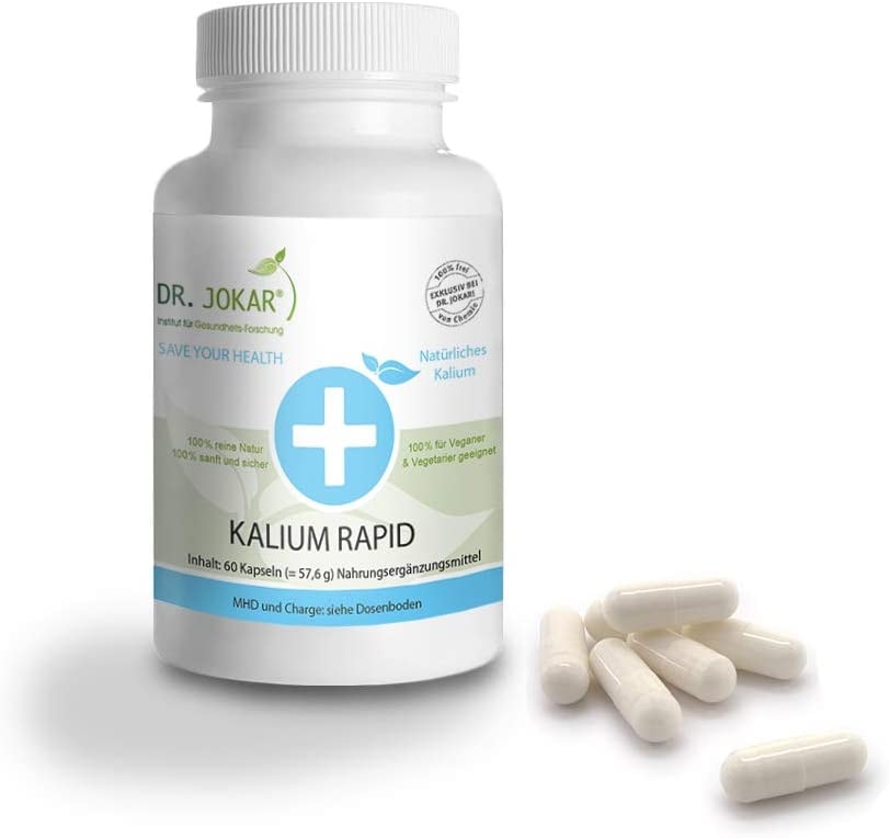 Dr. Jokar - Kalium Rapid 100% natürlich; 100 % rein und 100 % vegan. Der Mineralstoff trägt dazu bei normalem Blutdruck zu halten; zur normalen Muskelfunktion und die normale Funktion des Nervensystems. 60 Extra kleine Kapseln, für Veganer und Diabetiker geeignet.