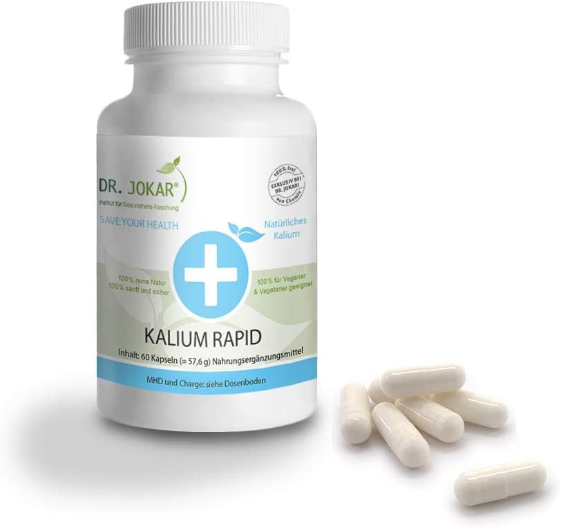 Produktbild von Dr. Jokar - Kalium Rapid 100% natürlich; 100 % rein und 100 % vegan. Der Mineralstoff trägt dazu bei normalem Blutdruck zu halten; zur normalen Muskelfunktion und die normale Funktion des Nervensystems. 60 Extra kleine Kapseln, für Veganer und Diabetiker geeignet.
