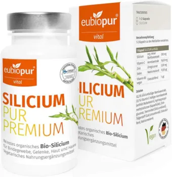 eubiopur Bio Silicium Kapseln | 90 vegane Kapseln naturreines Silicium hochdosiert | 2-Monatsvorrat Silizium hochdosiert aus Bambusextrakt | Organisches Silizium für Veganer| hergestellt in DE