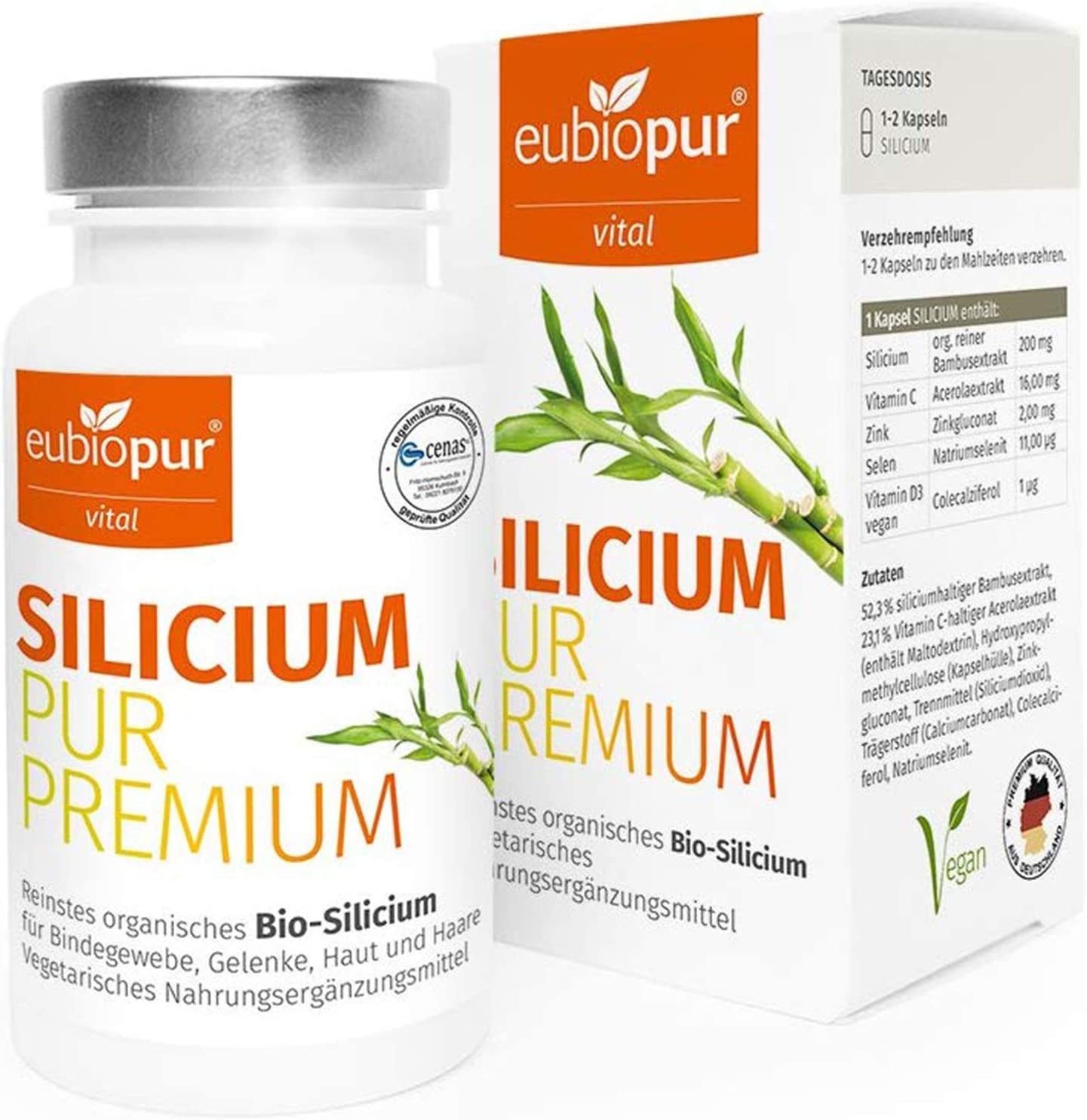 Produktbild von eubiopur Bio Silicium Kapseln | 90 vegane Kapseln naturreines Silicium hochdosiert | 2-Monatsvorrat Silizium hochdosiert aus Bambusextrakt | Organisches Silizium für Veganer| hergestellt in DE