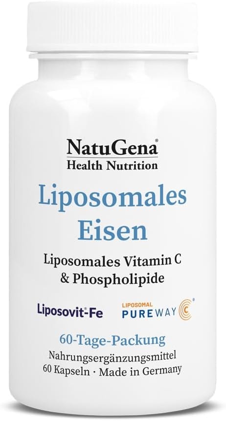 Produktbild von Bewertung NatuGena Liposomales Eisen Phospholipide drei Markenrohstoffe LIPOSOVIT-Fe Vitamin C PureWay-C & LeciFis EXP 60 Kapseln 2 Monats Packung