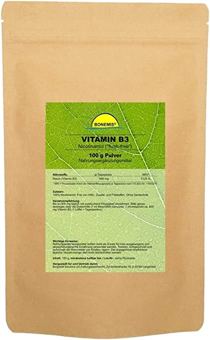Produktbild von Bonemis Vitamin B3 (Nicotinamid, „flush-free“), Pulver, vegan, Premiumqualität ohne Zusatzstoffe, 100 g im umweltfreundlichen Beutel aus Kraftpapier