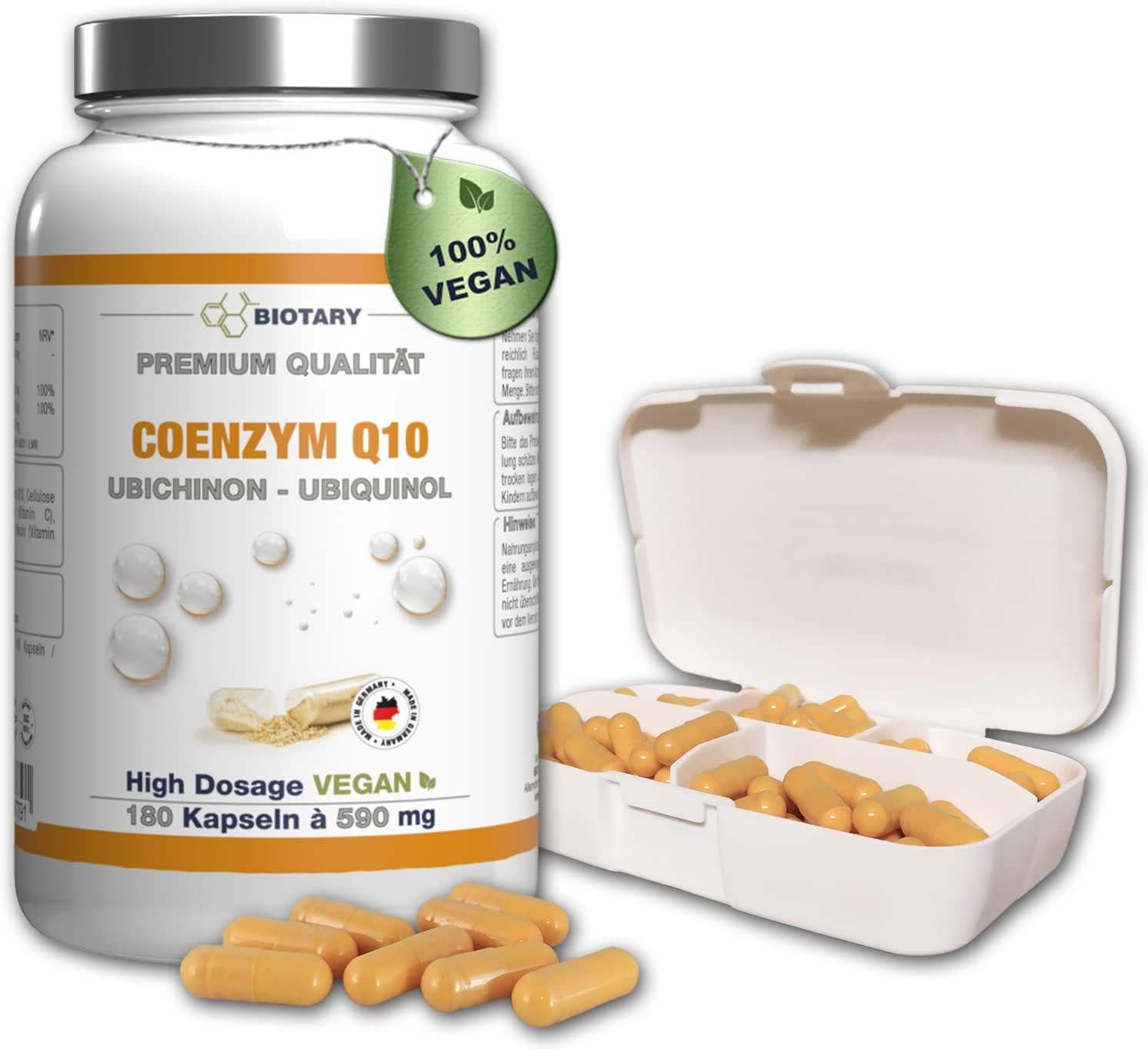 Produktbild von BIOTARY COENZYM Q10, 180 Kapseln a 200 mg, incl. Pillenbox, Hochdosierte Kapseln im 6 Monatsvorrat, Mit Vitamin C, B3, B7, schwarzem Pfeffer, Vegan, hohe Bioverfügbarkeit, Q10 Ubiquinol Ubichinon