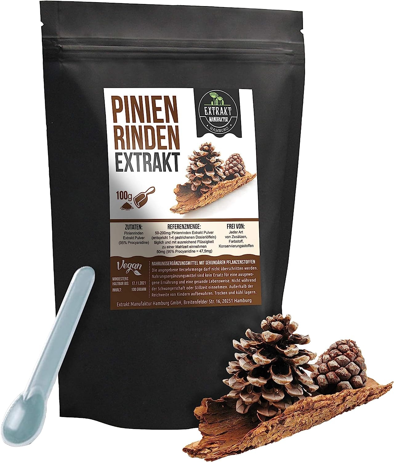 Produktbild von Bewertung Extrakt Manufaktur Hamburg Pinienrindenextrakt OPC PULVER 100g PULVER ohne Zusätze laborgeprüft hochdosiert 100% vegan & in Deutschland abgefüllt