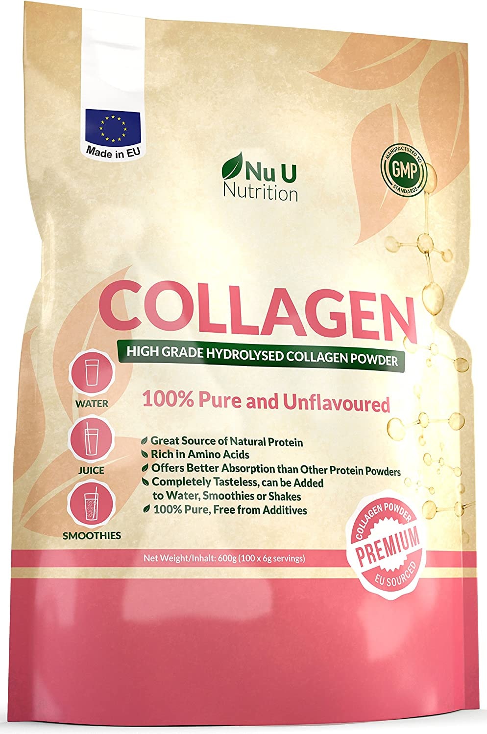 Produktbild von Nu U Nutrition Kollagen Protein Pulver 600g Hochwertiges, geschmacksneutrales Kollagen Hydrolysat aus reinem | 100% Rinderkollagen Hydrolysat in einer wiederverschließbaren Packung