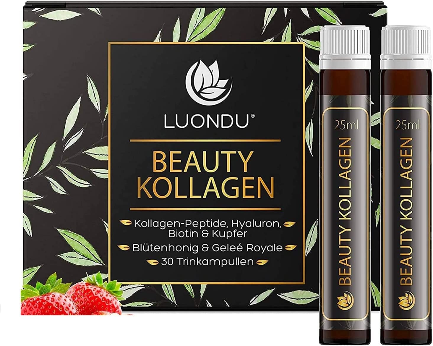 Produktbild von Luondu Beauty Kollagen Trinkampullen mit Hyaluronsäure (30 Ampullen mit 2500mg Premium Collagen flüssig) I Anti Aging* zum Trinken I Mit Biotin, Kupfer & Vitamin C, Blütenhonig & Gelée Royale