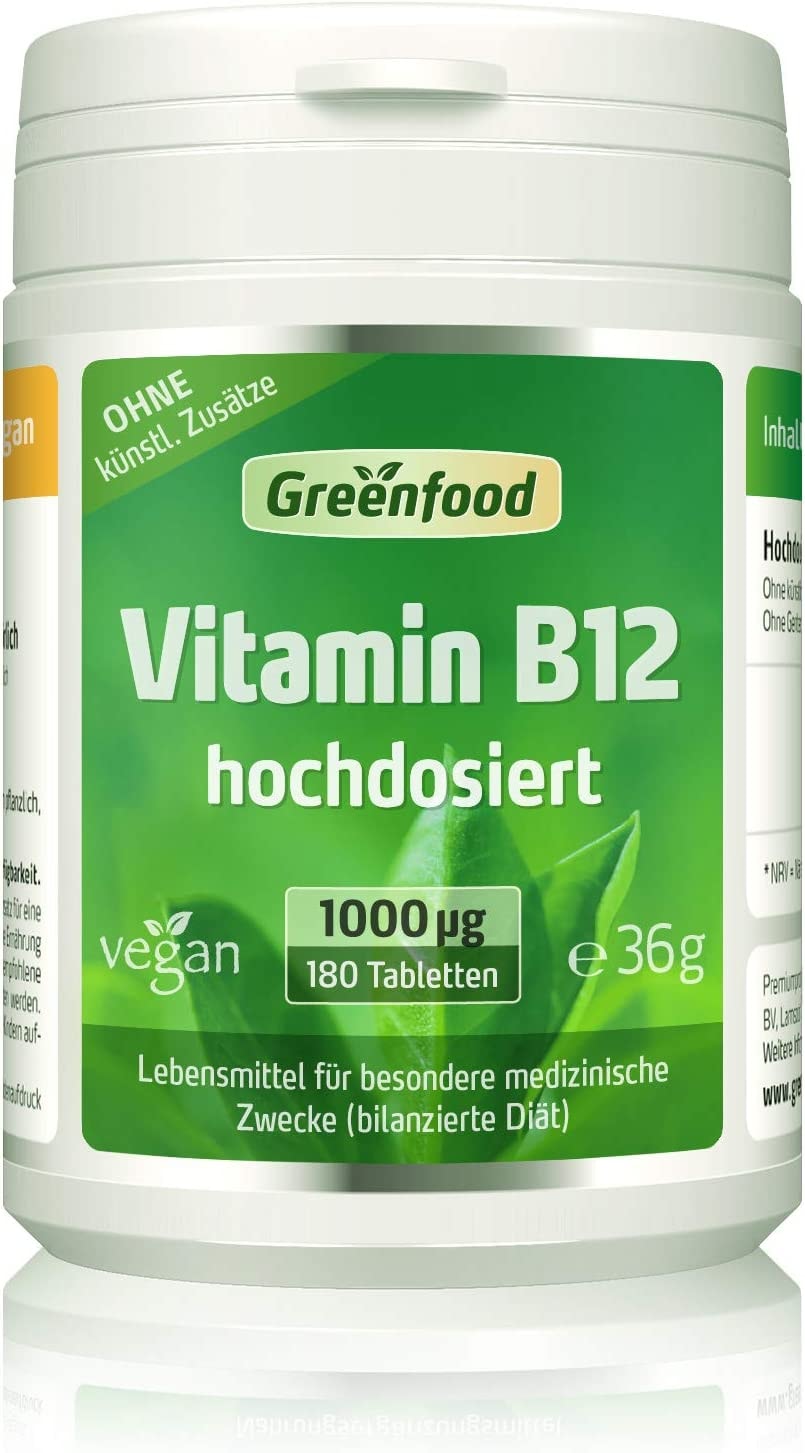 Produktbild von Greenfood Vitamin B12, 1000 µg, 180 Tabletten, hochdosiert, vegan - bei Erschöpfungs- und Müdigkeitszuständen durch medizinisch bedingten Vitamin B 12-Mangel. Diätisches Lebensmittel.