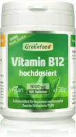 Produktbild von Greenfood Vitamin B12, 1000 µg, 180 Tabletten, hochdosiert, vegan - bei Erschöpfungs- und Müdigkeitszuständen durch medizinisch bedingten Vitamin B 12-Mangel. Diätisches Lebensmittel.
