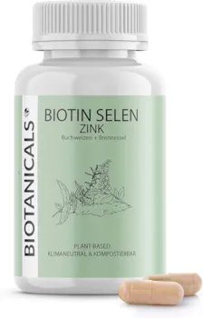 Biotanicals - Biotin, Selen, Zink Kapseln (120 Stück) aus Buchweizen und Brennnesseln für Haut, Haare und Nägel - CO2 neutral & kompostierbare Dose - vegan