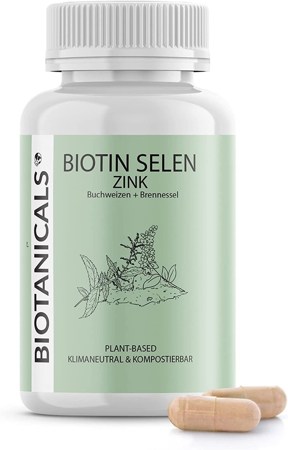Produktbild von Biotanicals - Biotin, Selen, Zink Kapseln (120 Stück) aus Buchweizen und Brennnesseln für Haut, Haare und Nägel - CO2 neutral & kompostierbare Dose - vegan