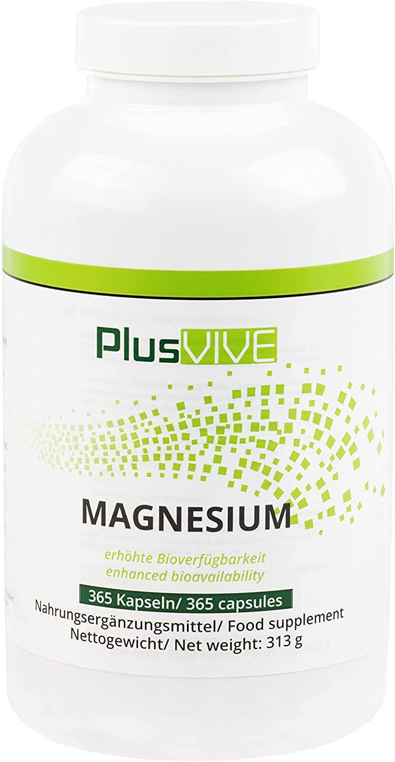 Produktbild von PlusVive - Magnesium Kapseln - hochdosiert: 700 mg aus Meerwasser gewonnenes natürliches Magnesium pro Kapsel - 365 vegane Kapseln - Hergestellt in Deutschland