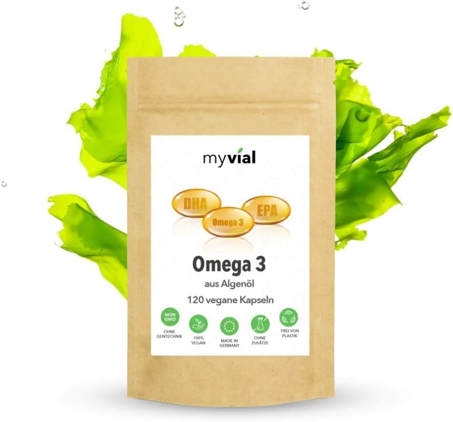 Produktbild von Bewertung myvial veganes Omega 3 Algenöl mit DHA und EPA fischfrei 120 Kapseln für 2 Monat Omega 3 Algenöl Kapseln