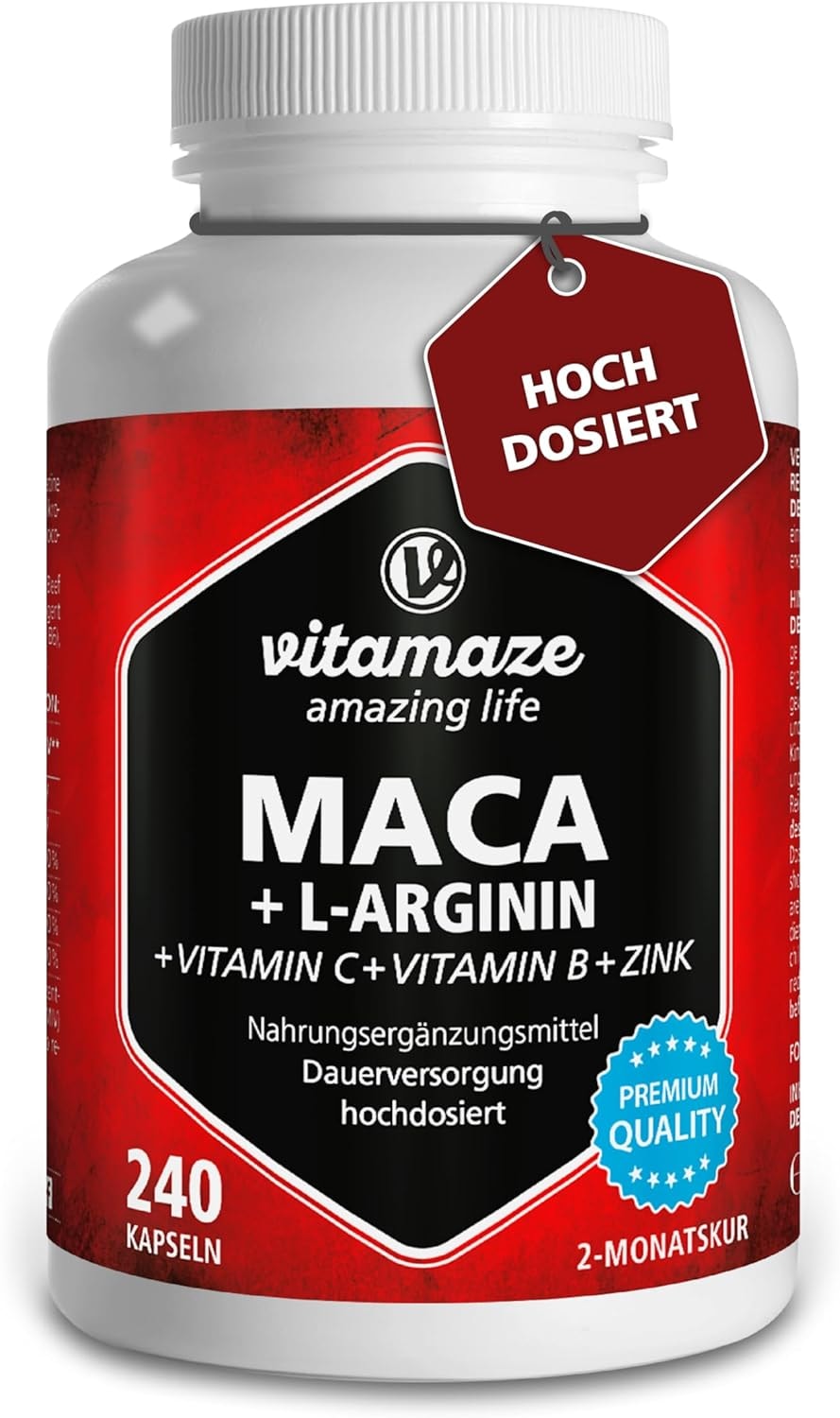 Produktbild von Bewertung Vitamaze amazing life Maca Kapseln hochdosiert 4000 mg je Tagesdosis L-Arginin Vitamine Zink 240 Kapseln Pulver aus der Maca Wurzel für 2 Monate Pflanzliche Nahrungsergänzung ohne Zusätze Made in Germany