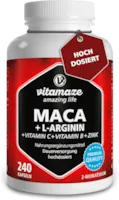 Produktbild von Bewertung Vitamaze amazing life Maca Kapseln hochdosiert 4000 mg je Tagesdosis L-Arginin Vitamine Zink 240 Kapseln Pulver aus der Maca Wurzel für 2 Monate Pflanzliche Nahrungsergänzung ohne Zusätze Made in Germany