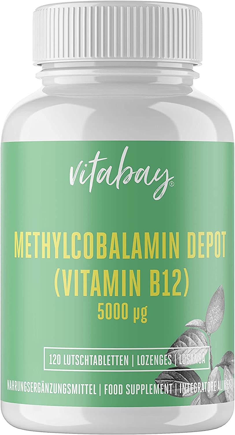 Vitabay Vitamin B12 Depot | Hochdosiert mit 5000 mcg | 120 vegane Lutschtabletten | Aktive Form Methylcobalamin | Laborgeprüft & hergestellt aus hochwertigen Rohstoffen