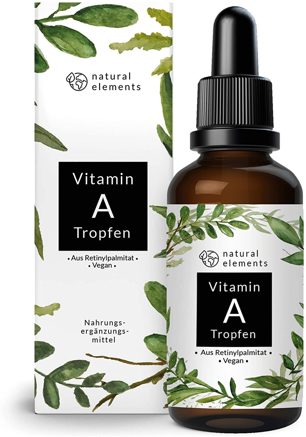Produktbild von natural elements Vitamin A Tropfen Echtes Vitamin A Ester (Retinylpalmitat) in MCT-Öl hochdosiert 50ml (1700 Tropfen) Ohne Zusätze laborgeprüft vegan