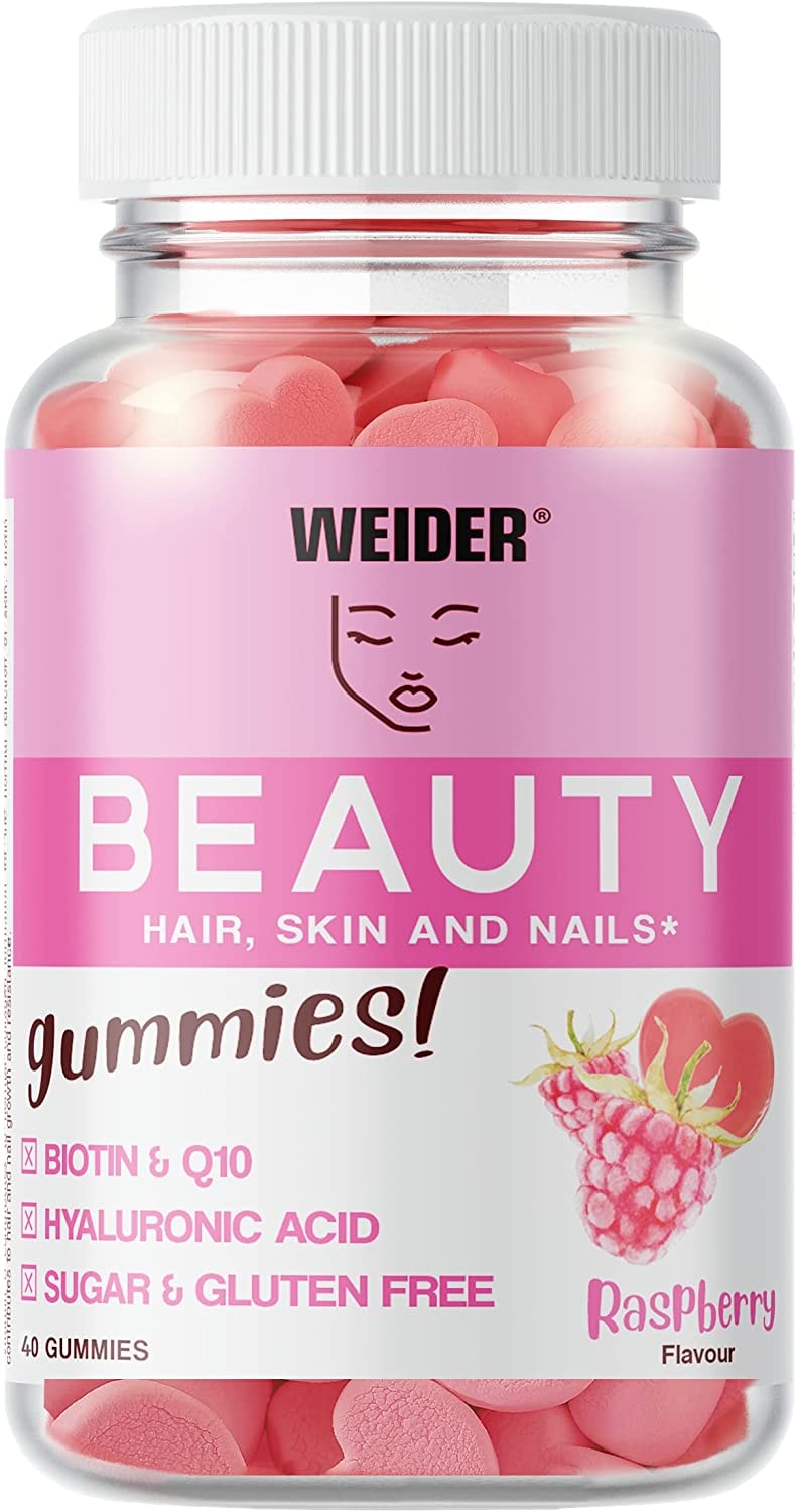 Produktbild von WEIDER Beauty Gummies, Vitamin Gummibärchen für Haut, Haare und Nägel, mit Biotin Vitamin B7, Kollagen Hyaluronsäure und Coenzym Q10, leckere Fruchtgummies, hochdosiert, zuckerfrei, Himbeer-Geschmack