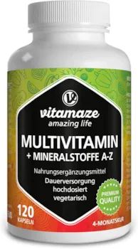 Vitamaze - Multivitamin Kapseln hochdosiert, 23 wertvolle Vitamine A-Z & Mineralien, 120 vegetarische Kapseln für 4 Monate, Vitamine, Mineralstoffe & Spurenelemente optimal kombiniert, Made in Germany