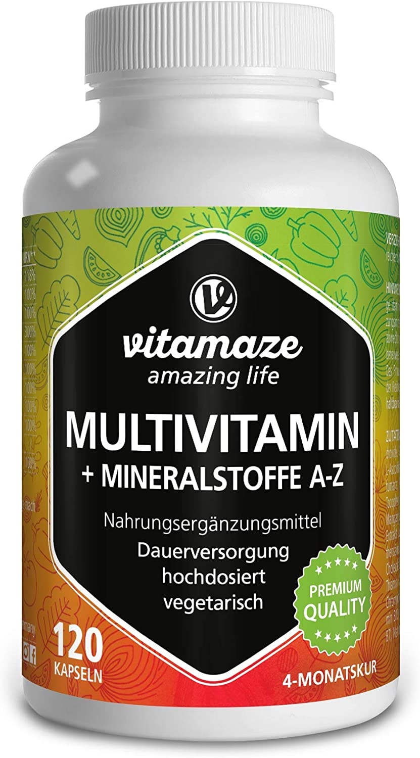 Produktbild von Bewertung Vitamaze Multivitamin Kapseln hochdosiert 23 wertvolle Vitamine A-Z Mineralien 120 vegetarische Kapseln für 4 Monate Vitamine Mineralstoffe Spurenelemente optimal kombiniert Made in Germany
