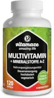 Produktbild von Bewertung Vitamaze Multivitamin Kapseln hochdosiert 23 wertvolle Vitamine A-Z Mineralien 120 vegetarische Kapseln für 4 Monate Vitamine Mineralstoffe Spurenelemente optimal kombiniert Made in Germany