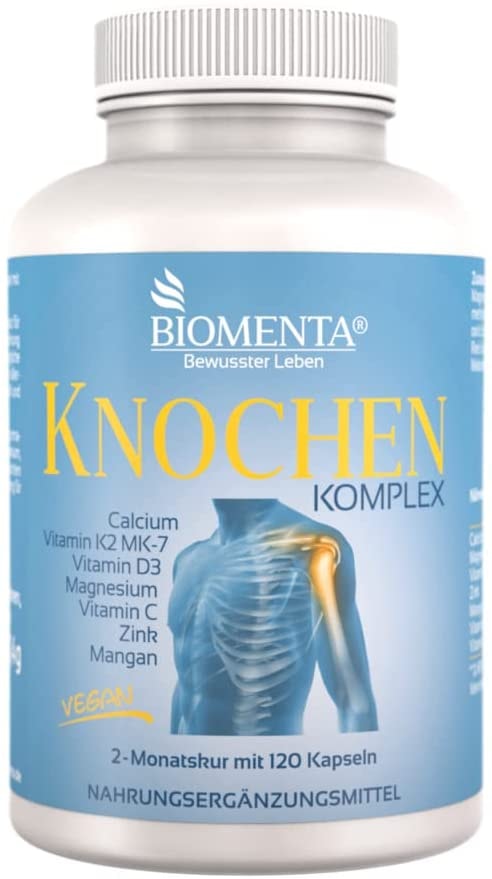 Produktbild von BIOMENTA Knochen Komplex - mit Calcium + Vitamin K2 MK-7 + Vitamin D3 + Magnesium + Vitamin C + Zink + Mangan - vegan - 120 Knochen-Kapseln - 2 Monatskur
